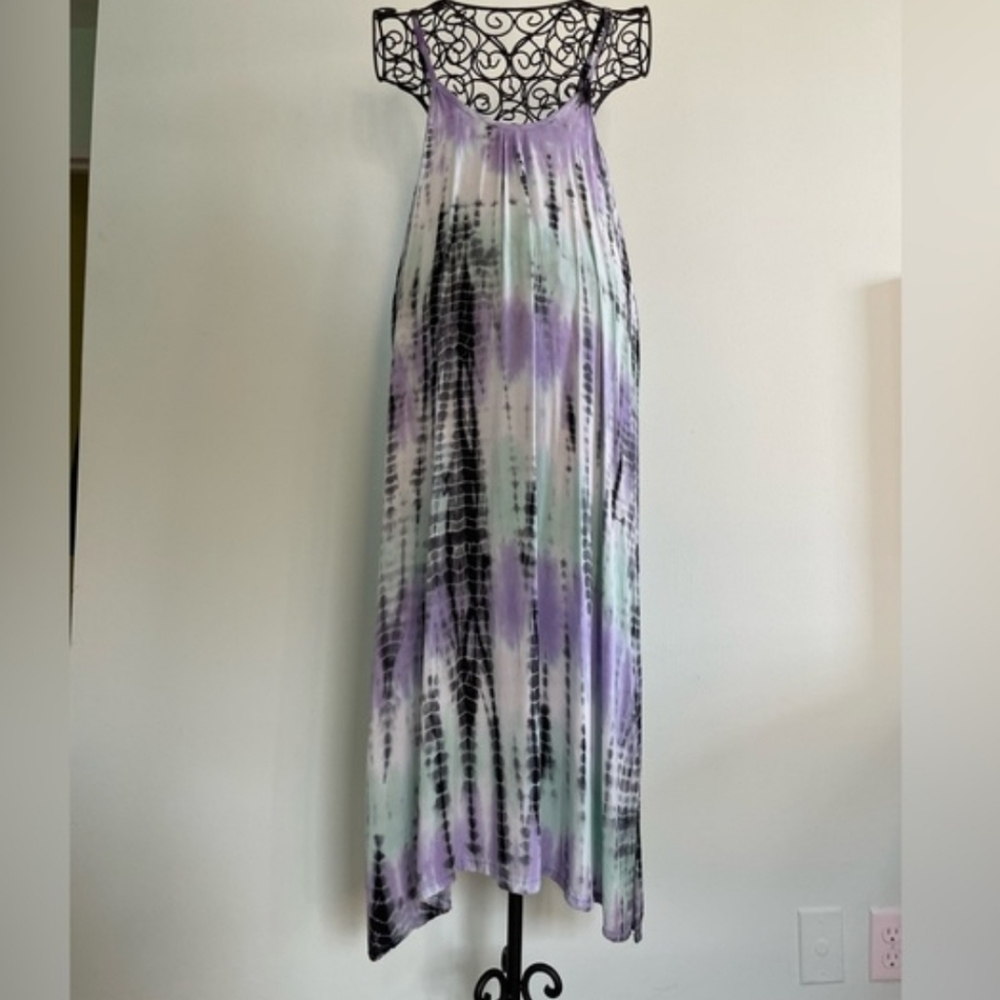 Sun dress in violet. black & turquoise Adjustable spaghetti straps & open back